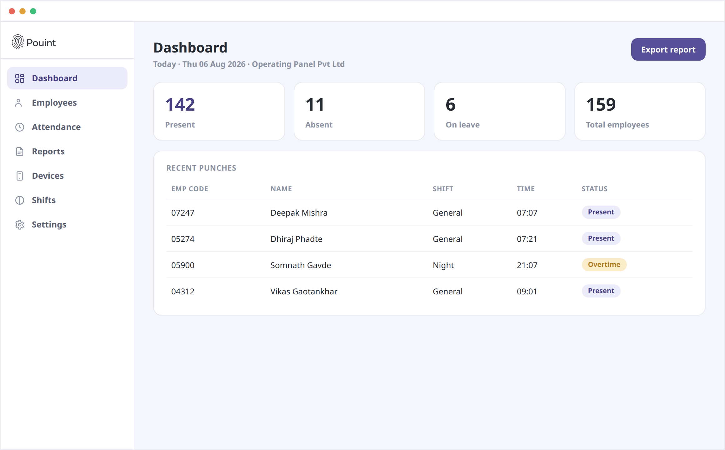 The Pouint Attendance dashboard — today's present, absent and on-leave counts with a live punch feed